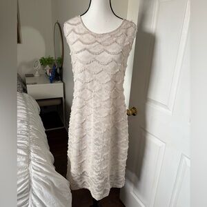 Tribal Ivory Fringe Midi Dress Large Textured Sleeveless Wedding Resort